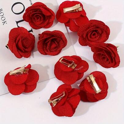 5pcs/Set Romantic Red Fabric Rose Flower Hair Clips, Party Decor Bridal Headpieces, Valentine's Day
