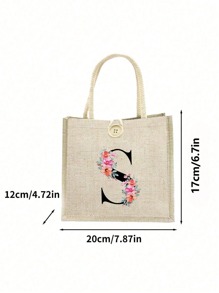 1pc Personalized Initial Name A -Z Flower Letter Beach Tote Bags,Portable Casual Storage Tote Bag, Fashion Burlap Shoulder Bag,Lightweight Handbag For Travel, Bridesmaid Bridal Party Girls Trip Gifts