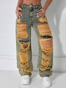 High Waist Vintage Casual Basic Grey Ripped Slit Pocket Straight Leg Boyfriend Style Women Jeans - Grey - View 7