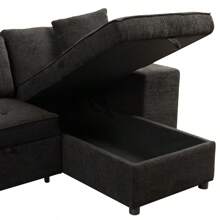 104.5" Modern L-Shape 3 Seat Reversible Sectional Couch Pull Out Sleeper Sofa With Storage Chaise And 2 Stools For Living Room Furniture Set Charcoal Grey