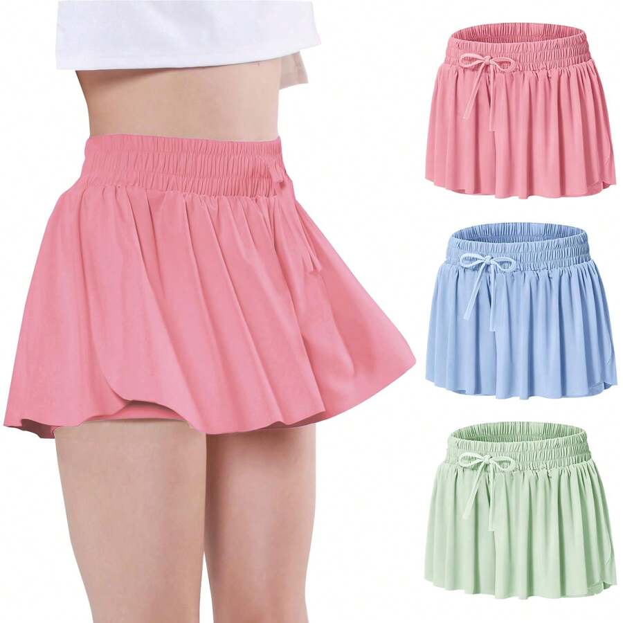 EXARUS Girls Butterfly Shorts Flowy Dance Athletic 2 In 1 Cheer Skorts Flutter Skirt Running Preppy Clothes Kids 6-14Y - set9 - 查看 1