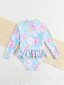 1 件女童 4-8 岁可爱蓝色花朵连体泳衣 - 藍白色 - 查看 2
