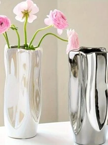 1 件优雅陶瓷花瓶，用于水培花卉 - 简约银色不对称艺术设计，非常适合客厅装饰