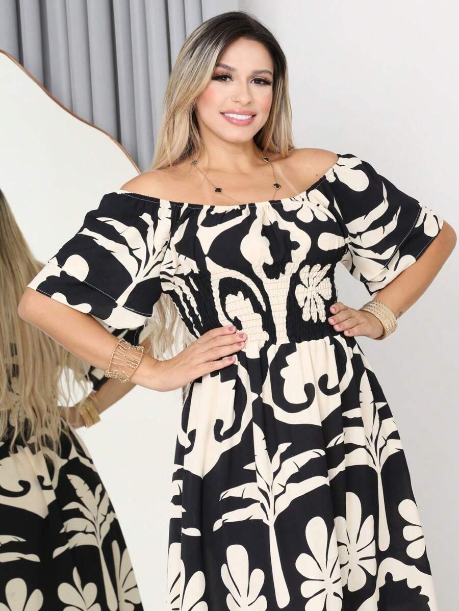 WOMEN'S LONG MIDI DRESS WITH PUFFED SLEEVES AND RUFFLES, OFF-THE-SHOULDER, TRES MARIAS - Black and White - View 1