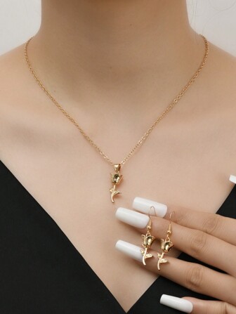 Fashion Jewelry Set For Women: 1 Pair Earrings + 1 Necklace With Simple Metal Rose Pendant, Suitable For Daily Casual, Party, Dating Wear