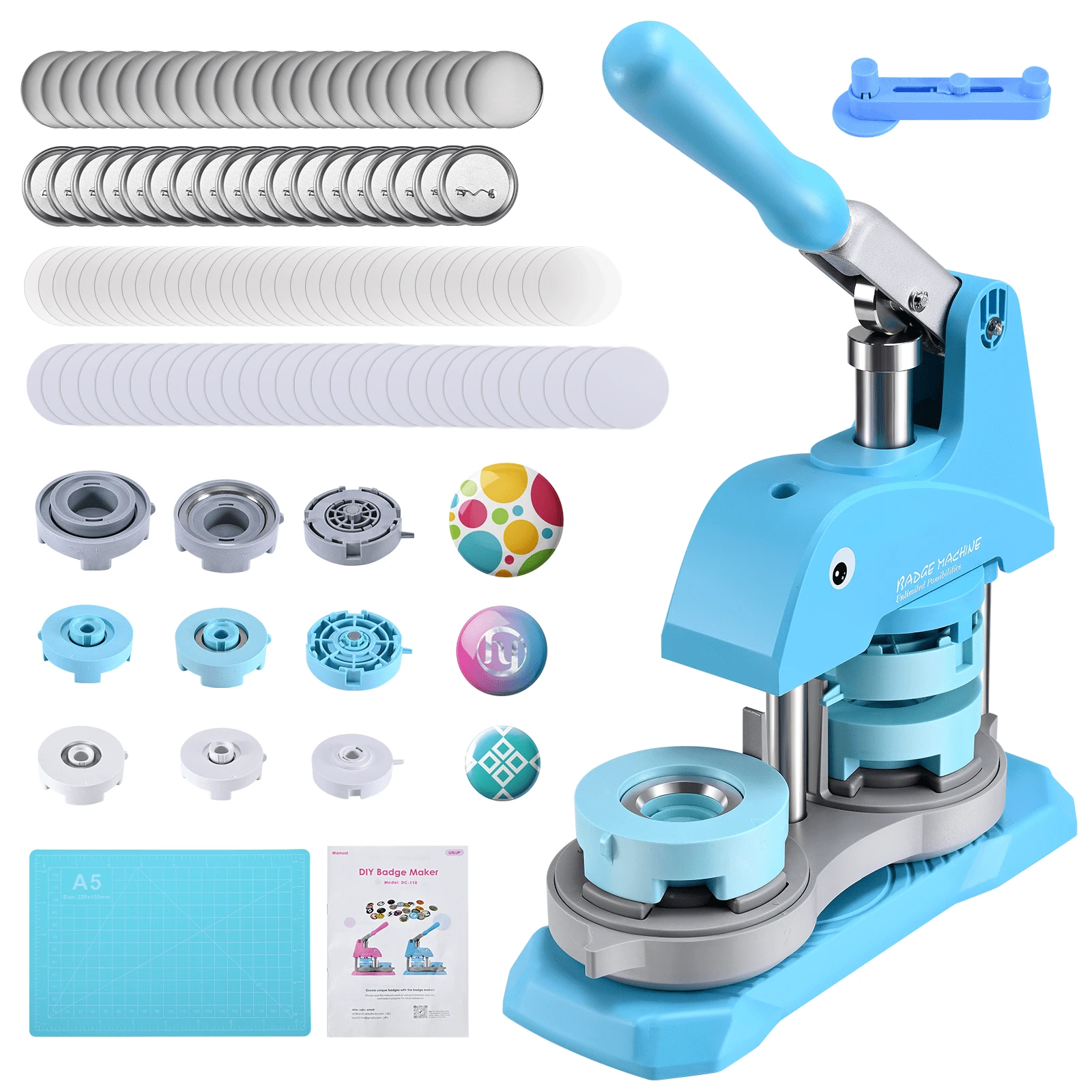 Máquina para hacer botones de múltiples tamaños, máquina prensadora de botones de 1''/1.25''/2.25'', kit de máquina para hacer botones con máquina, troqueles, recargas de botones, 300 sets - Azul - Ver 1