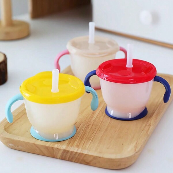 1 Pc 150ml/5oz Soft Silicone Training Straw Cup, Tilted Straw Design, Easy Suction, Dual Handles, Dual Color Straw Cup, Precise Measurement, Scientific Feeding, Non-Slip Base, Safe Material, Suitable For Holiday & Birthday Gifts