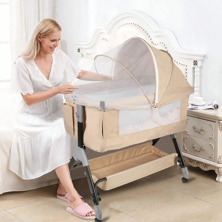 Cuna con colchón mullido, cuna lateral, con espacio de almacenamiento y mosquitera transpirable, azul marino