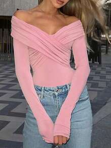 Women Long Sleeve Off Shoulder Top Sexy Front Cross V-Neck Y2k Shirts Ruched Going Out Tops Spring Fall Slim Fit Blouses Streetwear - 粉色 - 查看 2