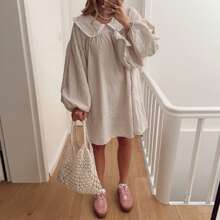 Women Spring Autumn Babydoll Dress Long Puff Sleeve Doll Collar Sweet Plaid Dresses