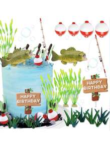17pcs Fishing Cake Toppers, Fishing Theme Birthday Cake Decorations, Go Fishing Birthday Toppers, Fisherman Fishing Cake Decorations, Retirement Party Go Fishing Theme Party Cake Toppers - Multicolor - View 1