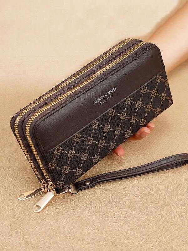 Multifunktionale Vintage-Stil Damen Geldbörse mit großer Kapazität, Farbblock Blumen-Muster, Doppel-Reißverschluss Handytasche, modische Damen Clutch als Geschenk zum Valentinstag Geldbörse, Portemonnaie, Geldbeutel mit Handschlaufe