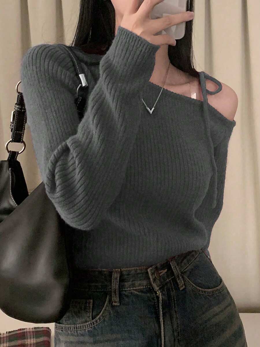 女士不对称露肩系带蝴蝶结针织毛衣上衣，百搭休闲装 - 深灰色 - 查看 1