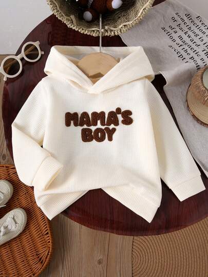 1 Stück lässiges modisches Baby Jungen Waffelpullover mit "MAMA'S BOY" Stickerei, Geschenk zum Valentinstag