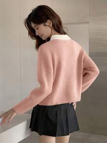 Fall/Winter College Style Color Contrast Bow Lapel Long Sleeve Embroidered Women's SweaterTops Cardigan Cardigan,Streetwear - Dusty Pink - View 5