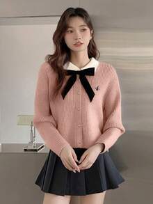 Fall/Winter College Style Color Contrast Bow Lapel Long Sleeve Embroidered Women's SweaterTops Cardigan Cardigan,Streetwear - Dusty Pink - View 2
