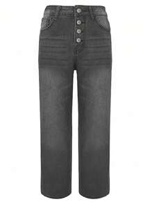 Dark Grey Straight Fit Denim Jeans With Decorative Front Buttons, High Waist And Vintage Casual Style
