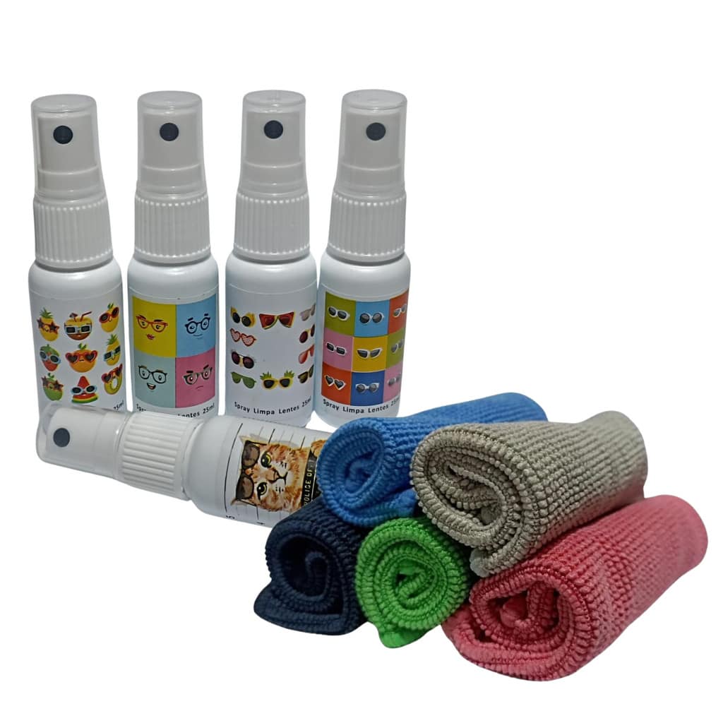 5 Limpa Lentes Mimo 25ml + 5 Flanela Cores Sortidas Óculos