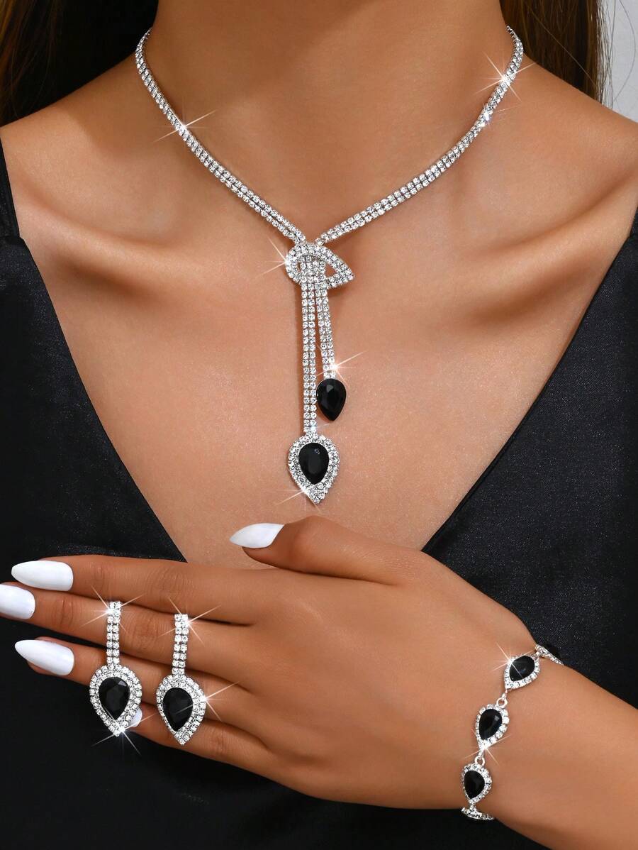 1 Set Fashion Waterdrops Rhinestone Earrings Necklace Bracelet Jewelry Set, Suitable For Women's Daily, Wedding, Banquet & Party Wear
