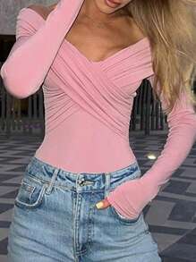 Women Long Sleeve Off Shoulder Top Sexy Front Cross V-Neck Y2k Shirts Ruched Going Out Tops Spring Fall Slim Fit Blouses Streetwear - 粉色 - 查看 3