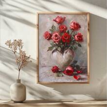 Pintura al óleo de rosas en un jarrón, un regalo de San Valentín para la novia y esposa, adecuado para dormitorio, sala de estar, estudio, bar de hotel, pasillo, mural impermeable