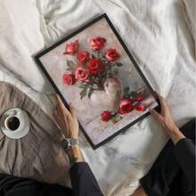 Pintura al óleo de rosas en un jarrón, un regalo de San Valentín para la novia y esposa, adecuado para dormitorio, sala de estar, estudio, bar de hotel, pasillo, mural impermeable