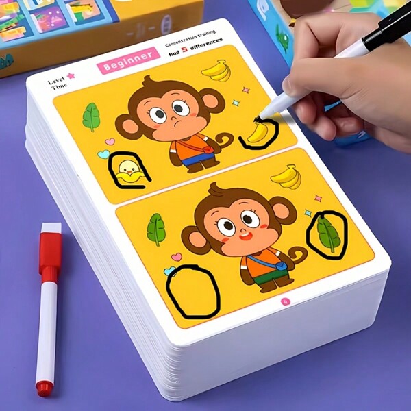 1 Set Educational Drawing Game - Find The Difference Concentration Training Cards, Erasable Paper Material, Progressive Difficulty Levels, Enhances Observation Skills, The Perfect Choice For New Year, Easter, Birthday Gifts, And Small Party Gifts