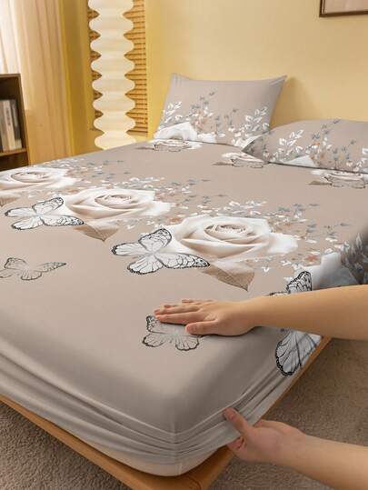 1件套现代简约花卉玫瑰蝴蝶印花磨毛床笠，卧室印花床罩，床垫保护套，床上用品套装（不含枕套）