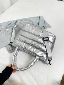 1 buah Tas Tote Wanita Berwarna Polos dengan Motif Quilted, Kapasitas Besar, Dapat Dilipat, Penutup Resleting, Tas Tote Kasual, Desain Musim Dingin - Perak - View 9