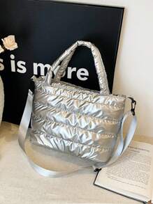 1 buah Tas Tote Wanita Berwarna Polos dengan Motif Quilted, Kapasitas Besar, Dapat Dilipat, Penutup Resleting, Tas Tote Kasual, Desain Musim Dingin - Perak - View 4