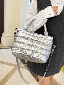 1 buah Tas Tote Wanita Berwarna Polos dengan Motif Quilted, Kapasitas Besar, Dapat Dilipat, Penutup Resleting, Tas Tote Kasual, Desain Musim Dingin - Perak - View 11