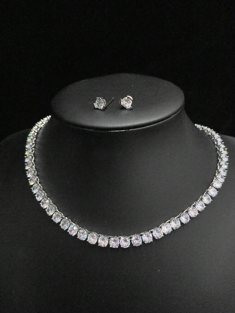 1 Set 3pcs Elegant Zirconia Necklace And Earrings Set, Light Luxury Teardrop Wedding Bridesmaid Party Banquet Accessories, Exquisite Versatile Birthday Gift - Round - View 1