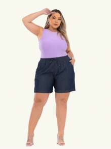 Plus Size Denim Shorts With Elastic Waistband, Current Fashion - Blue - View 4