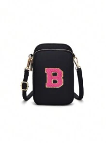 Bolso bandolera que se puede personalizar con su propio nombre, número de la suerte, letra y texto, con 26 parches de letras para DIY, un bolso clásico y versátil que se vende a gran escala, con un diseño de cremallera de tres capas que puede contener teléfonos móviles, monedas, etc., bolso bandolera de moda casual PC apto para chicas, viajes, vuelta al colegio, regalos, con bolsillo vertical para teléfono móvil y monedas - Cremallera negra de tres capas + 5,5 letras rojas rosas - Ver 11