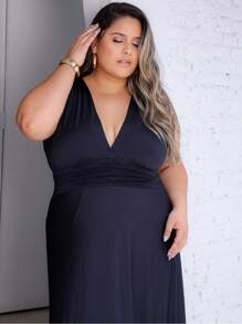 Long Plus Size Dress Fluit Fabric Party Wedding Bridesmaid Guest Events - Black - View 4