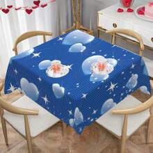 1 块情人节桌布，爱与星星印花蓝色条纹桌布，矩形涤纶桌布，可机洗，耐用，易于护理，房间装饰，餐桌装饰，情人节装饰，情人节礼物