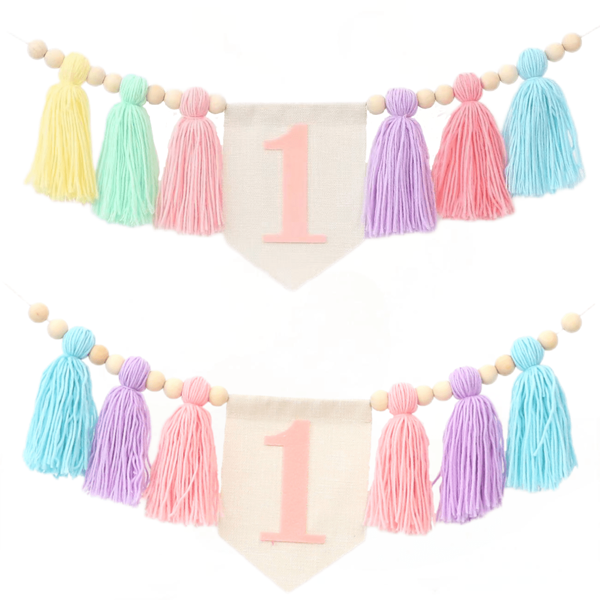 1pc Handmade Bohemian Style Macaron Color Tassel Flower Garland, Suitable For Birthday Party Decoration, Wall Hanging Decor, High Chair Decoration