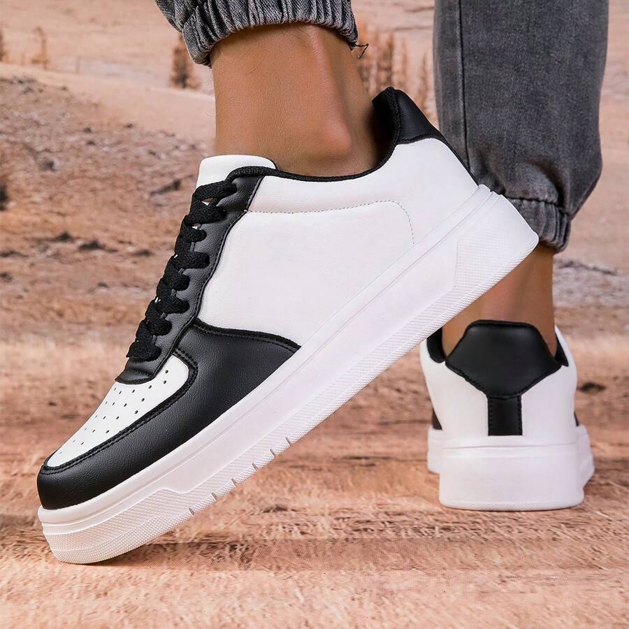 新款男士休闲配色鞋，轻便舒适百搭时尚运动鞋 - 黑與白 - 查看 1