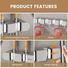 Broom Mop Holder With Hooks Wall Mounted Broom Storage Rack No Drilling Self-Adhesive Mop Broom Organizer Mop Holder Hanger For Bathroom Office Kitchen Closet Garage