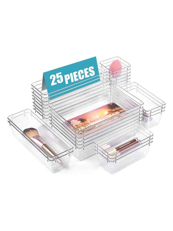 13/25pcs Drawer Storage Box Kit, Multifunctional Clear Plastic Drawer Organizer Set, Drawer Divider Organizers And Storage Box For Cosmatic,Vanity,Jewelry, Stationery, Home Organization, Office Supplies, Back To School Dorm Supplies