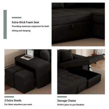 104.5" Modern L-Shape 3 Seat Reversible Sectional Couch Pull Out Sleeper Sofa With Storage Chaise And 2 Stools For Living Room Furniture Set Charcoal Grey