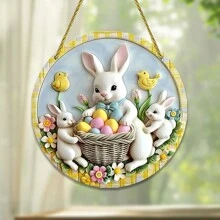 1pc Easter Bunny Family Acrylic Round Hanging Ornament, Window Decor, Door Porch Decoration With Chain