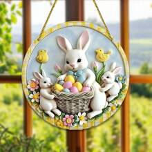 1pc Easter Bunny Family Acrylic Round Hanging Ornament, Window Decor, Door Porch Decoration With Chain