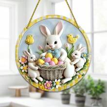 1pc Easter Bunny Family Acrylic Round Hanging Ornament, Window Decor, Door Porch Decoration With Chain