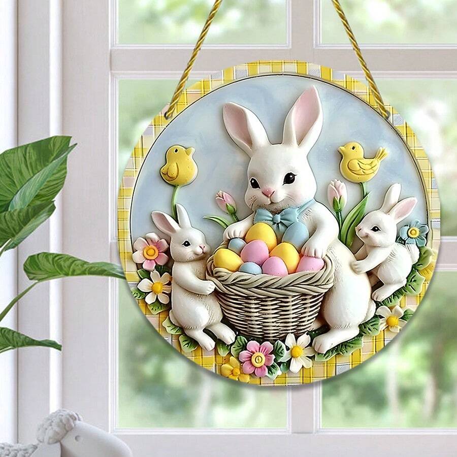 1pc Easter Bunny Family Acrylic Round Hanging Ornament, Window Decor, Door Porch Decoration With Chain