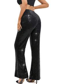 Women Flare Pants, Shiny Sequined Stretchy Slim Fit Ladies Long Trousers For Club Bar - màu đen - Xem 5