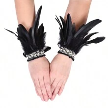 1 par de brazaletes elegantes con plumas artificiales y perlas falsas de estilo bohemio gótico, adecuados para fiestas de carnaval y uso diario, disfraces de Halloween para mujeres