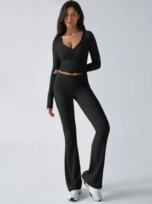 Women's Two Pieces Autumn Clothes Y2K Casual Daily Solid Color Simple Long-Sleeved V-Neck Top Fitted Long Pants Set