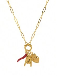 1Pc Versatile Fashion Classic Red Bull Horn Sacred Heart Rock Gesture Detachable Pendant Necklace, Stainless Steel Plated Genuine Gold Color Preserving Waterproof, Women Gifts, Women's Jewelry
