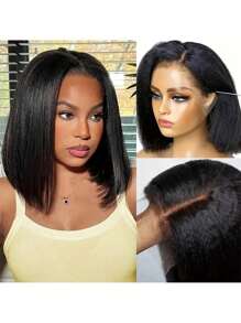 【16英寸折扣免胶Yaki直发波波头假发】13X4前蕾丝波波头假发，200%真人发，蓬松直发，透明蕾丝，自然色，黑色婴儿发，预先拉直和修剪的发际线，日常佩戴，展现女性自然之美，适合新手，8-16英寸假发，预先拔毛的Yaki直发假发，无需胶水，易于佩戴，16英寸蓬松直发假发，适合女性，圣诞装饰，圣诞礼物 - 黑色 - 查看 4